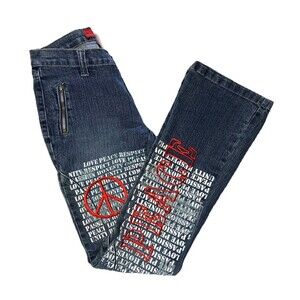 Y2K Le More Low Rise Flared Jeans Size 1 (26x30) Blue Peace Love Hippie Festival
